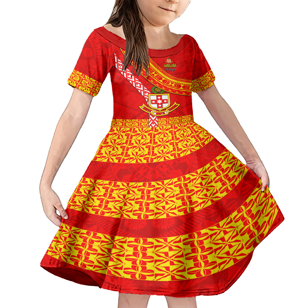 Custom Kolisi Tonga Kid Short Sleeve Dress Tongan Kupesi Pattern LT05 KID Red - Polynesian Pride