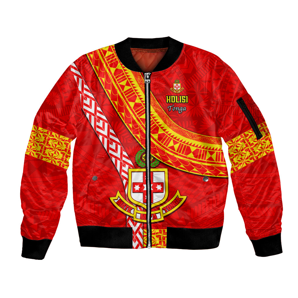Custom Kolisi Tonga Sleeve Zip Bomber Jacket Tongan Kupesi Pattern LT05 Unisex Red - Polynesian Pride
