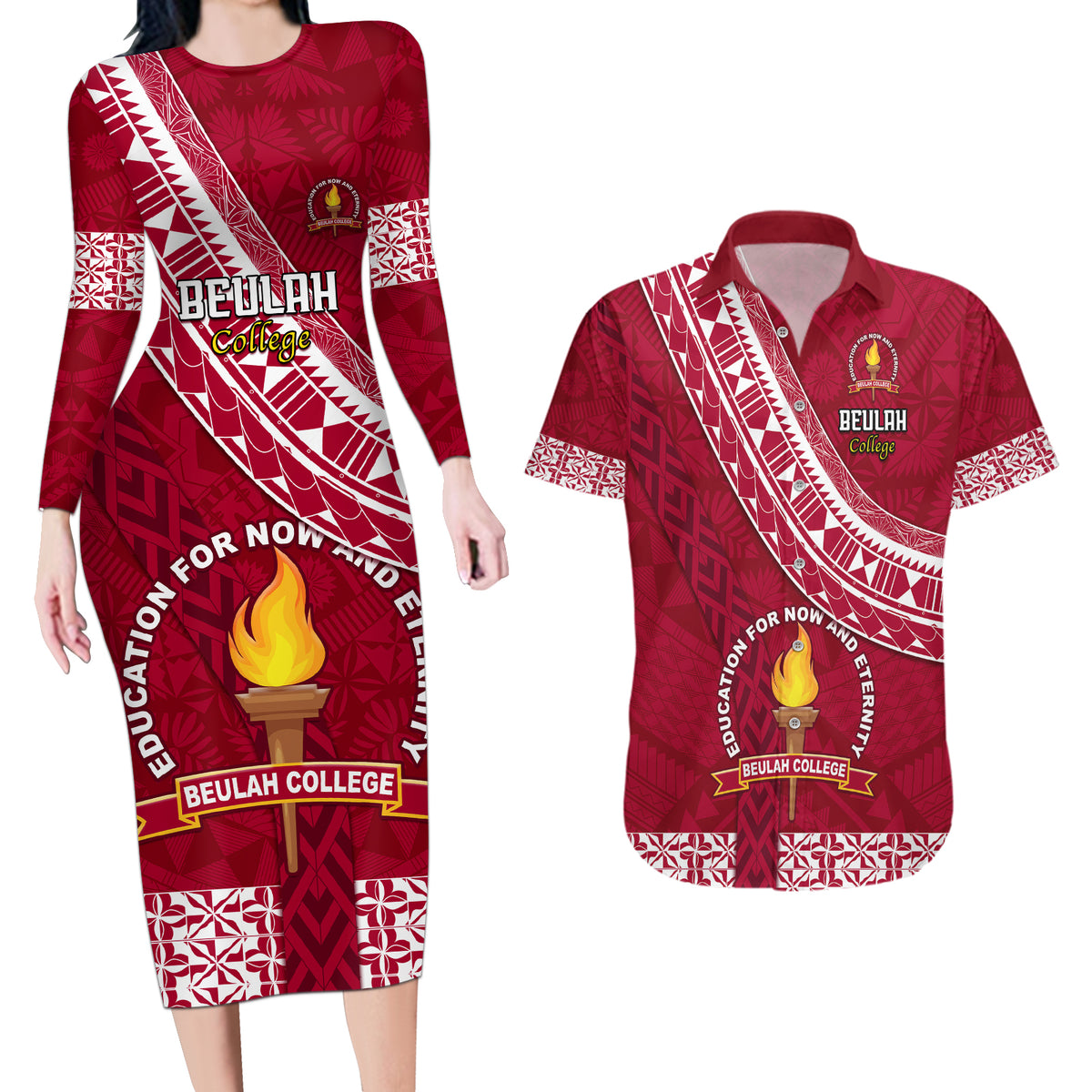 Custom Beulah College Couples Matching Long Sleeve Bodycon Dress and Hawaiian Shirt Tongan Kupesi Pattern LT05 Red - Polynesian Pride