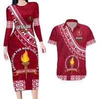 Custom Beulah College Couples Matching Long Sleeve Bodycon Dress and Hawaiian Shirt Tongan Kupesi Pattern LT05 Red - Polynesian Pride