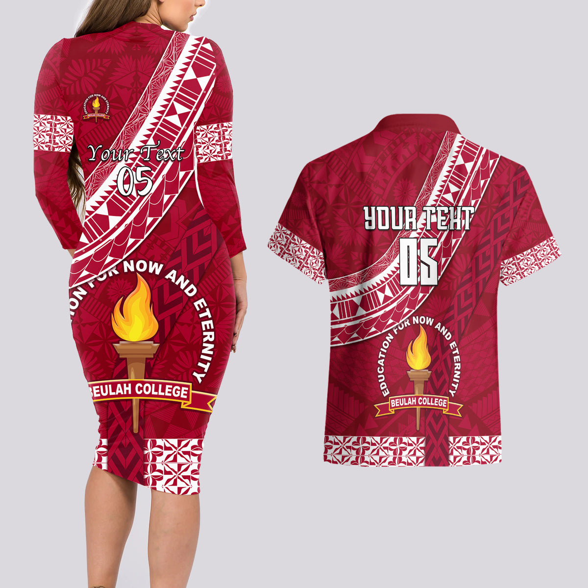 Custom Beulah College Couples Matching Long Sleeve Bodycon Dress and Hawaiian Shirt Tongan Kupesi Pattern LT05 - Polynesian Pride