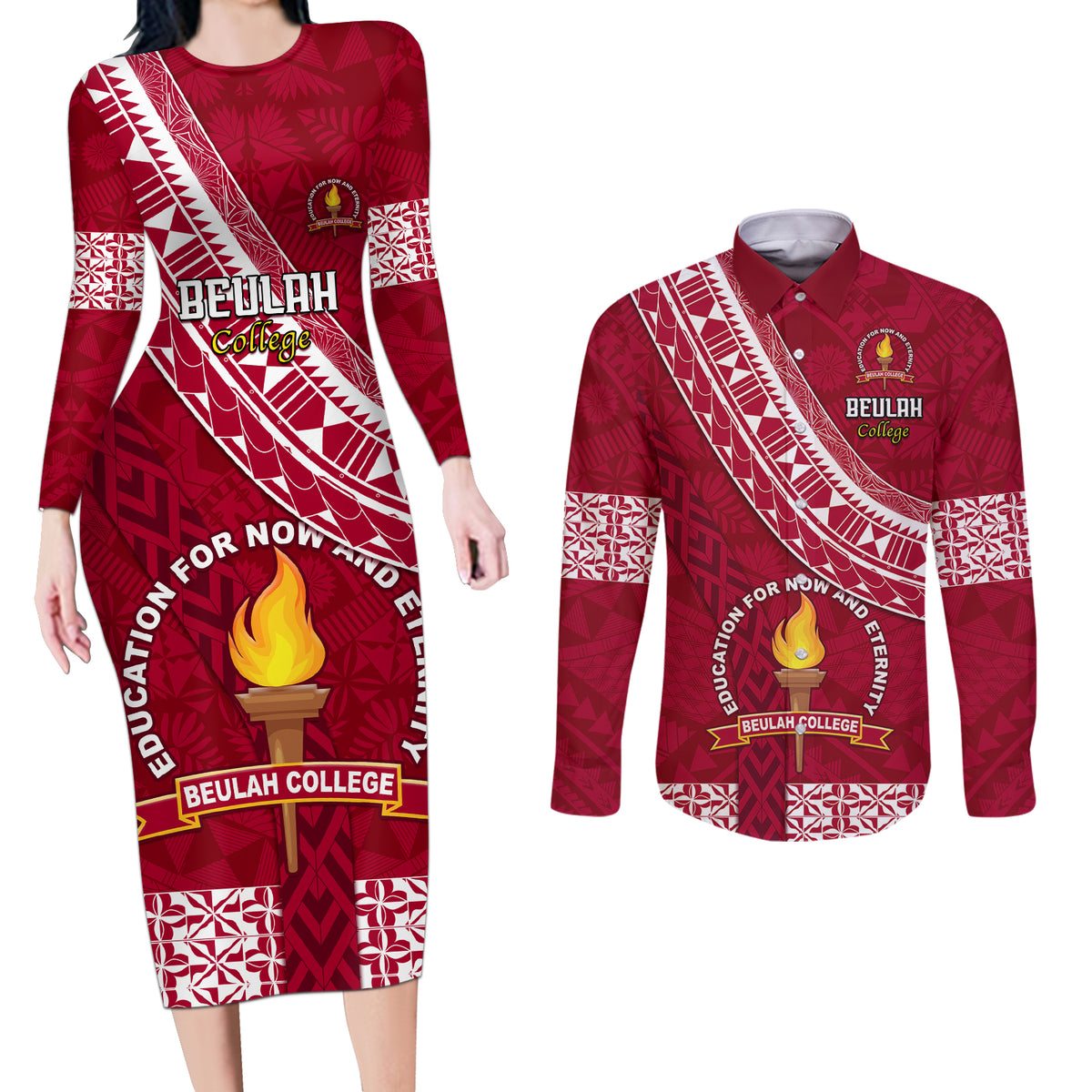 Custom Beulah College Couples Matching Long Sleeve Bodycon Dress and Long Sleeve Button Shirts Tongan Kupesi Pattern LT05 Red - Polynesian Pride