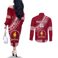 Custom Beulah College Couples Matching Off The Shoulder Long Sleeve Dress and Long Sleeve Button Shirts Tongan Kupesi Pattern LT05 - Polynesian Pride