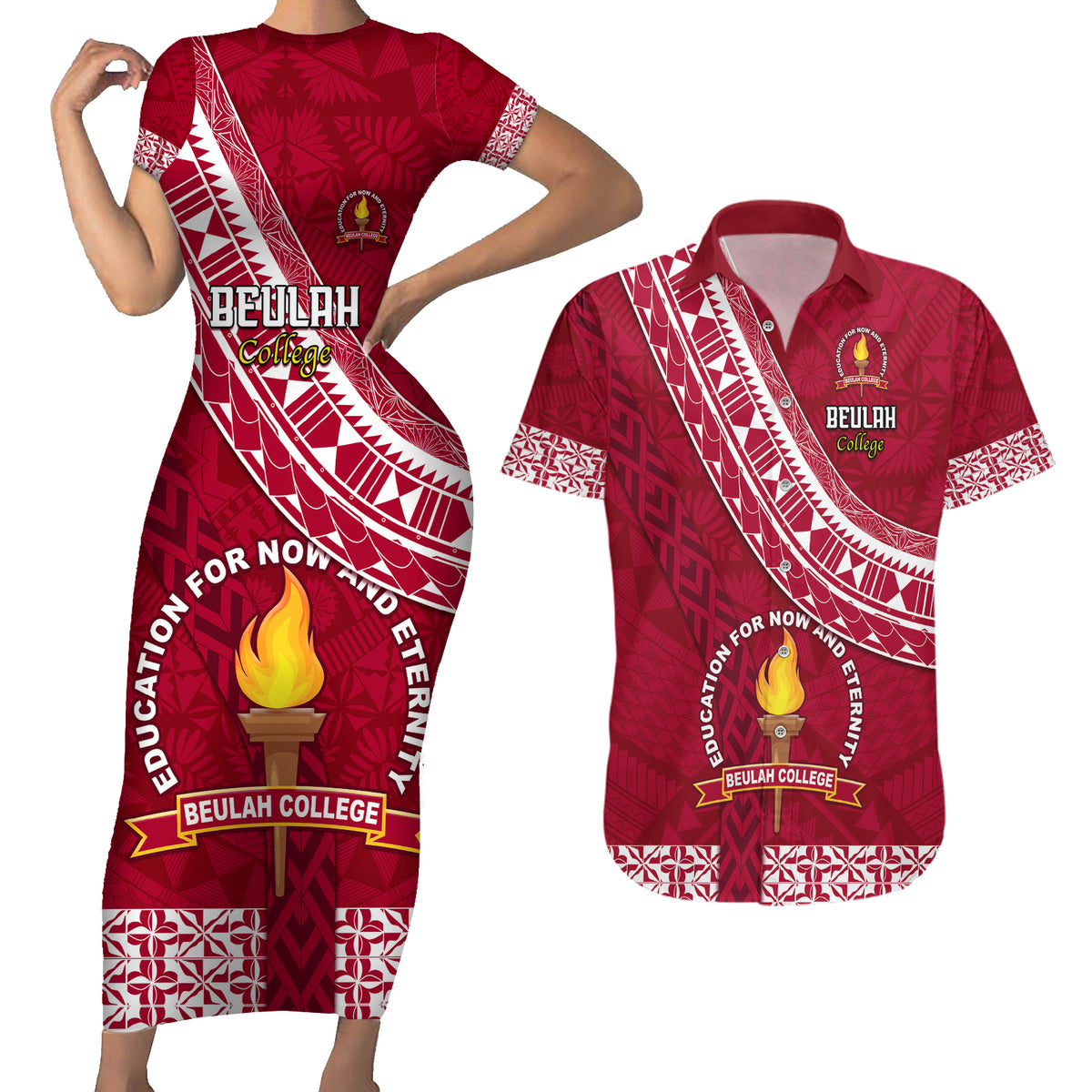 Custom Beulah College Couples Matching Short Sleeve Bodycon Dress and Hawaiian Shirt Tongan Kupesi Pattern LT05 Red - Polynesian Pride