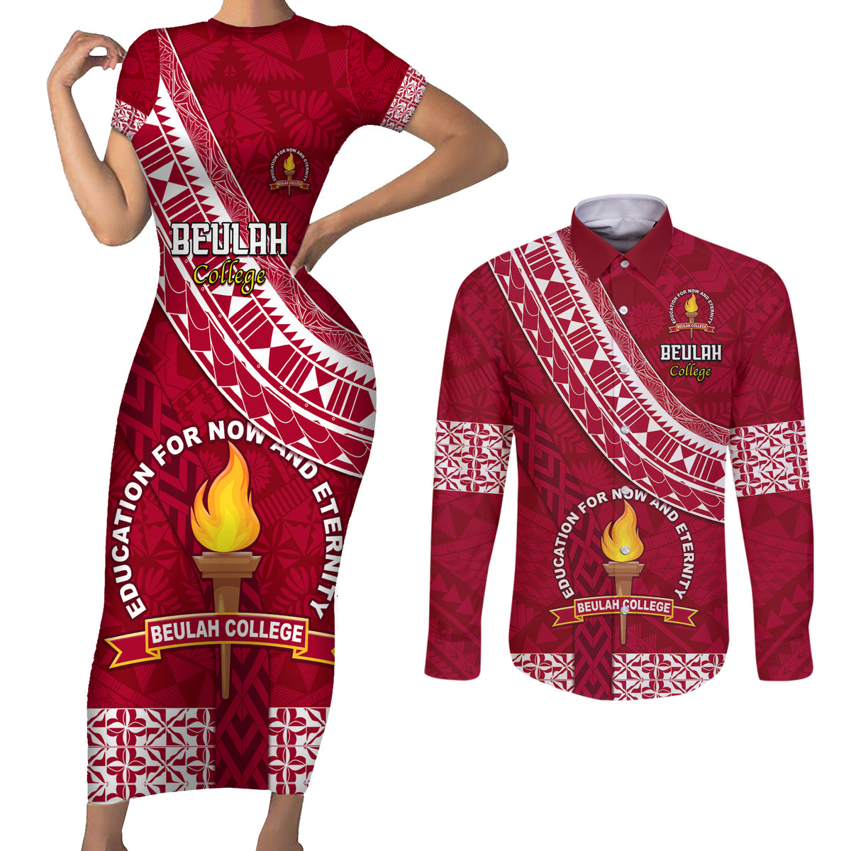 Custom Beulah College Couples Matching Short Sleeve Bodycon Dress and Long Sleeve Button Shirts Tongan Kupesi Pattern LT05 Red - Polynesian Pride