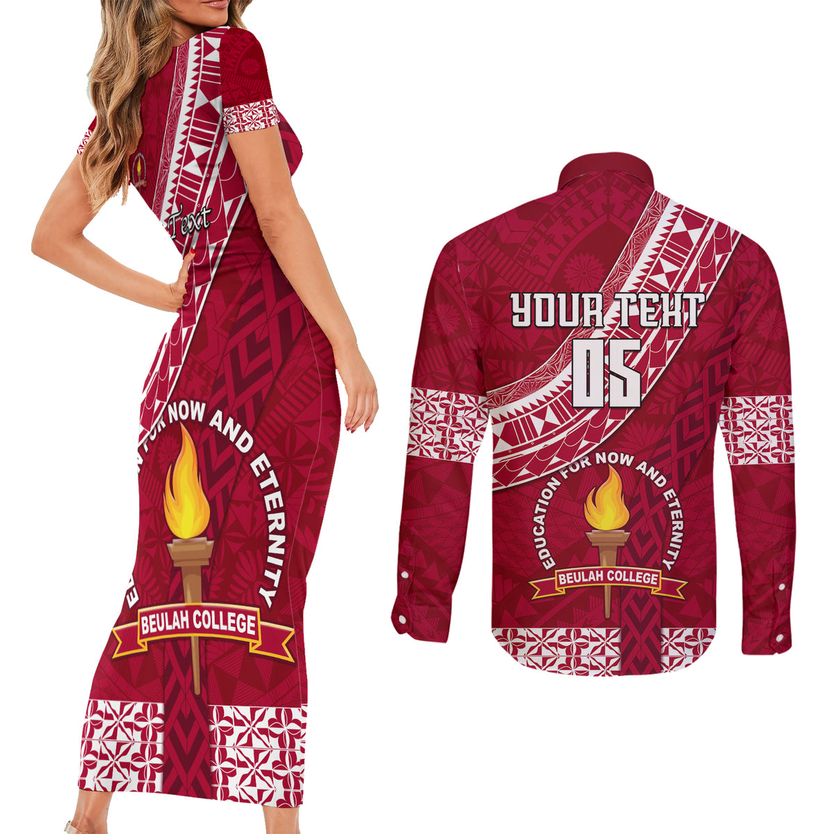 Custom Beulah College Couples Matching Short Sleeve Bodycon Dress and Long Sleeve Button Shirts Tongan Kupesi Pattern LT05 - Polynesian Pride