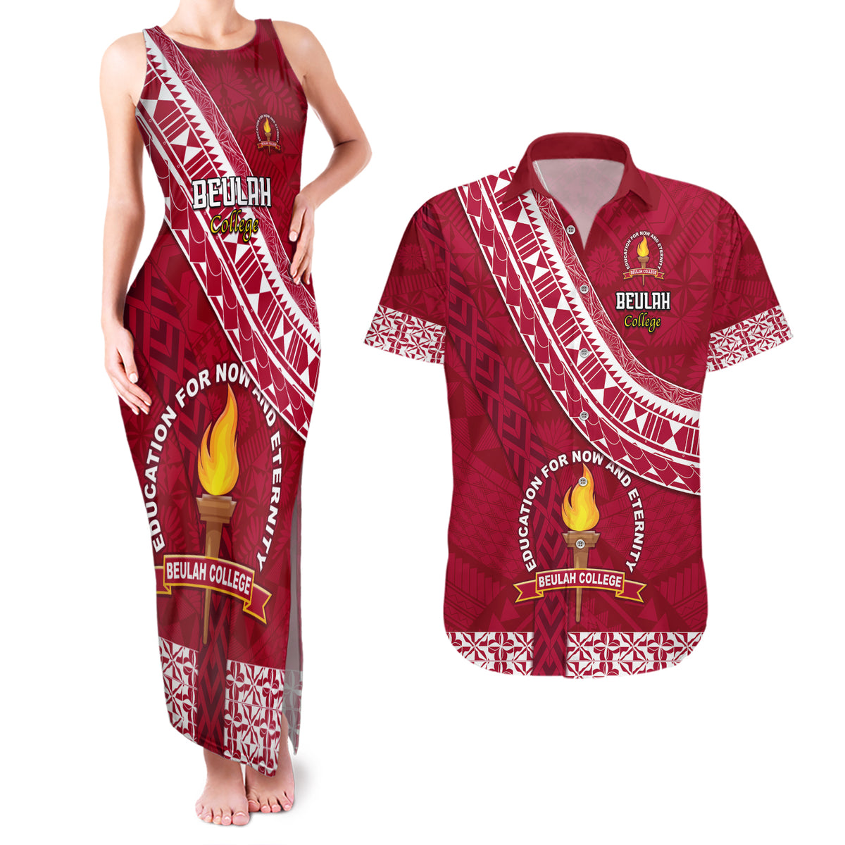 Custom Beulah College Couples Matching Tank Maxi Dress and Hawaiian Shirt Tongan Kupesi Pattern LT05 Red - Polynesian Pride