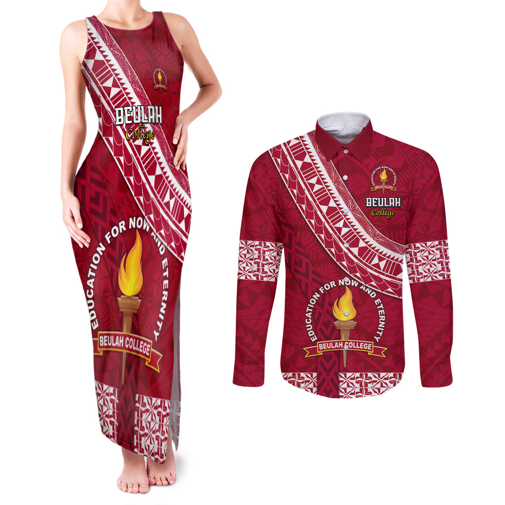 Custom Beulah College Couples Matching Tank Maxi Dress and Long Sleeve Button Shirts Tongan Kupesi Pattern LT05 Red - Polynesian Pride