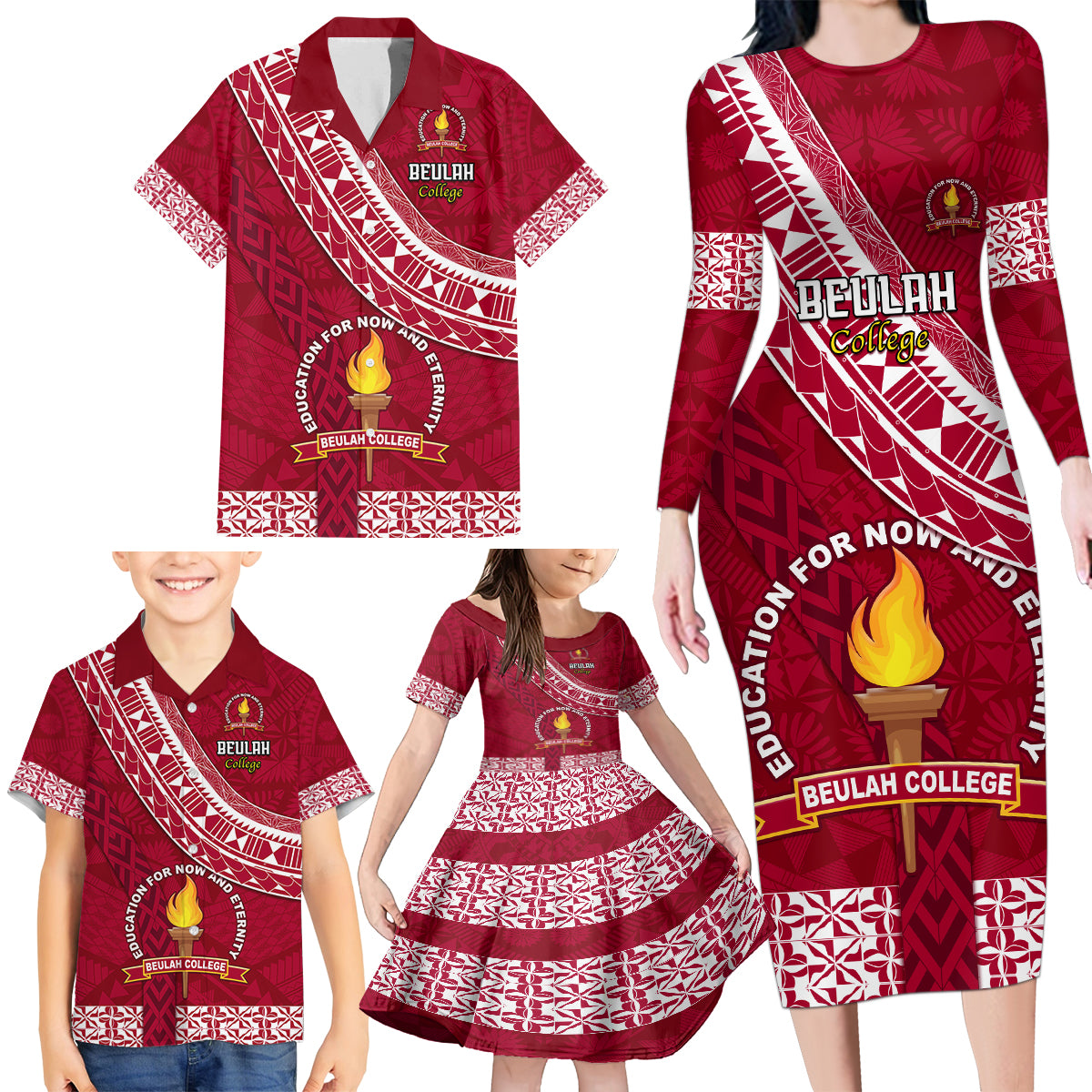 Custom Beulah College Family Matching Long Sleeve Bodycon Dress and Hawaiian Shirt Tongan Kupesi Pattern LT05 - Polynesian Pride