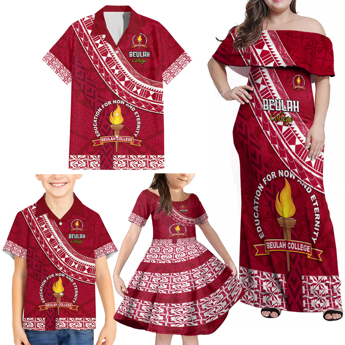 Custom Beulah College Family Matching Off Shoulder Maxi Dress and Hawaiian Shirt Tongan Kupesi Pattern LT05 - Polynesian Pride