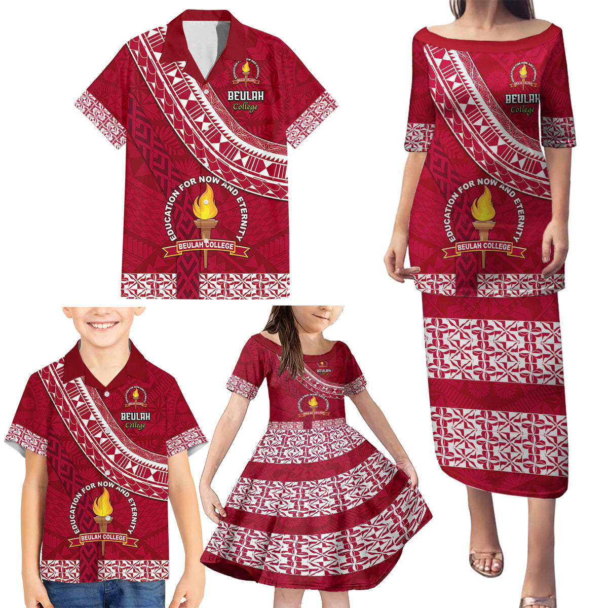 Custom Beulah College Family Matching Puletasi Dress and Hawaiian Shirt Tongan Kupesi Pattern LT05 - Polynesian Pride