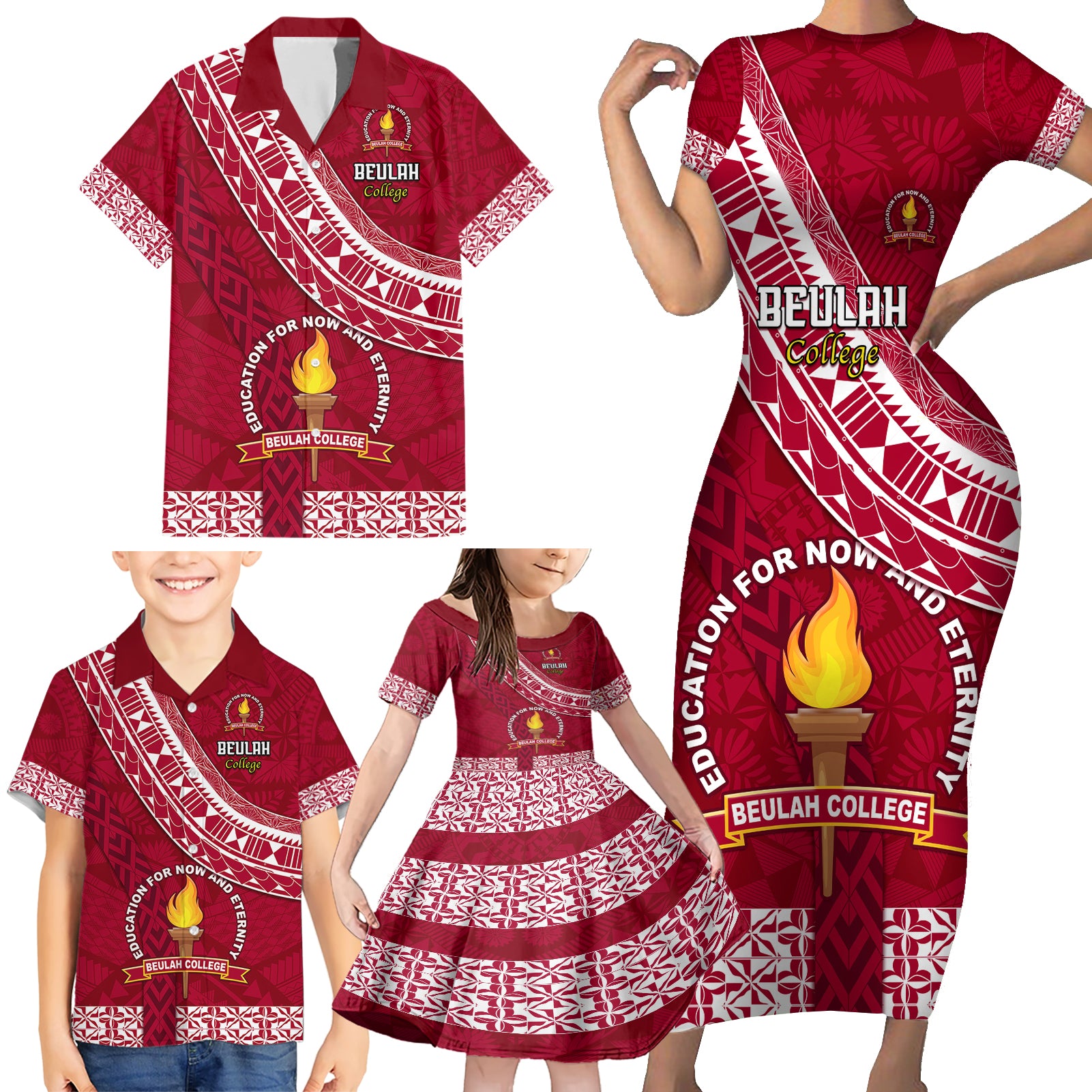 Custom Beulah College Family Matching Short Sleeve Bodycon Dress and Hawaiian Shirt Tongan Kupesi Pattern LT05 - Polynesian Pride