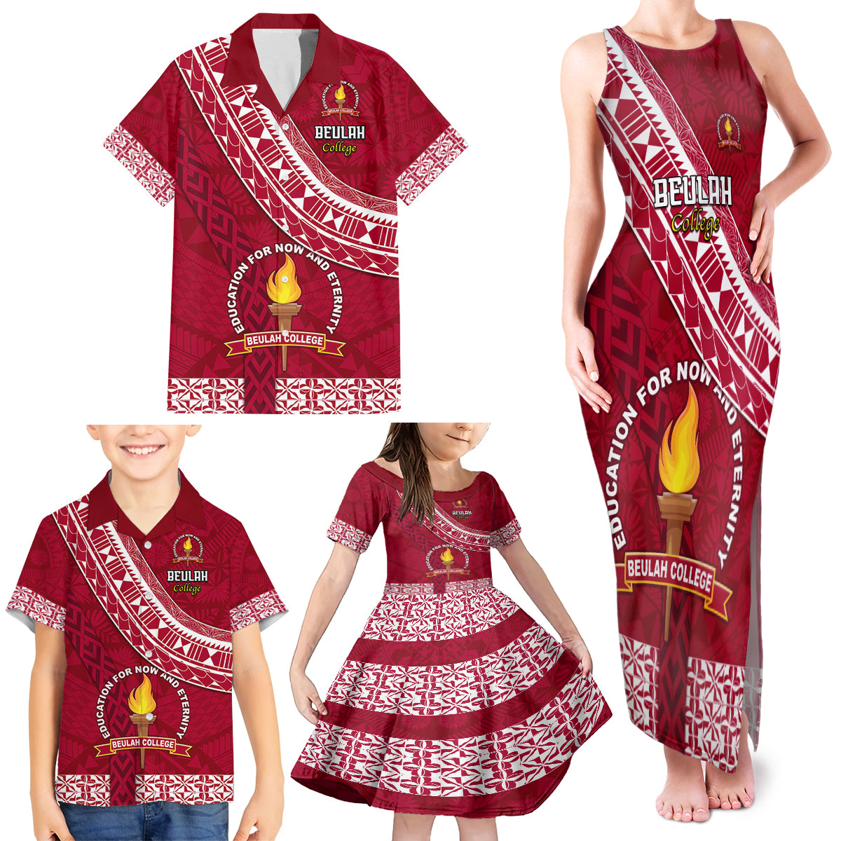 Custom Beulah College Family Matching Tank Maxi Dress and Hawaiian Shirt Tongan Kupesi Pattern LT05 - Polynesian Pride