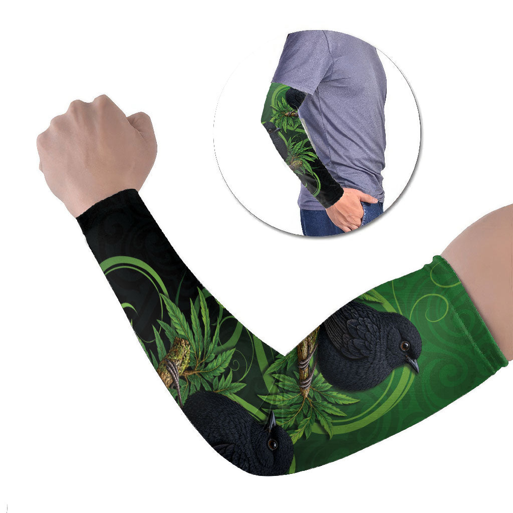 New Zealand Black Robin Arm Sleeves Karure Maori Koru Art Tattoo LT05 Set of 2 Green - Polynesian Pride