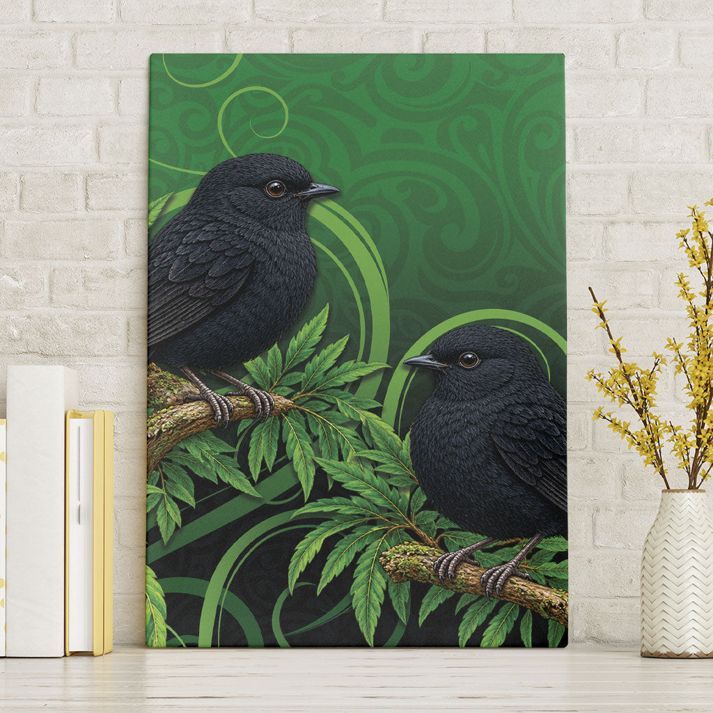 New Zealand Black Robin Canvas Wall Art Karure Maori Koru Art Tattoo LT05 Without Frame Green - Polynesian Pride