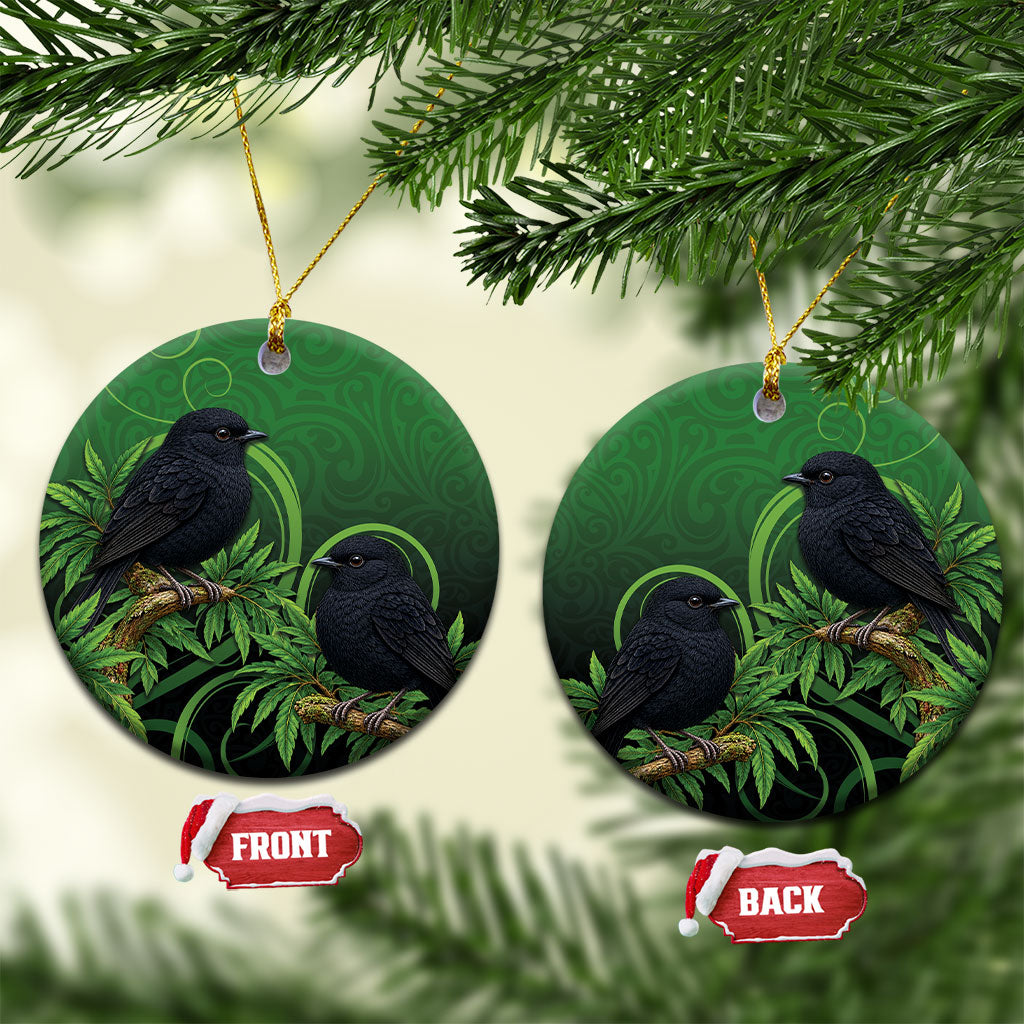 New Zealand Black Robin Ceramic Ornament Karure Maori Koru Art Tattoo LT05 Circle Green - Polynesian Pride