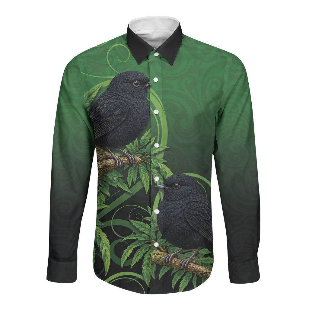 New Zealand Black Robin Long Sleeve Button Shirt Karure Maori Koru Art Tattoo LT05 Unisex Green - Polynesian Pride