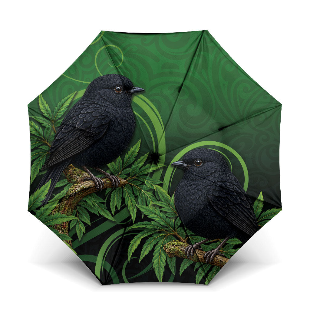 New Zealand Black Robin Umbrella Karure Maori Koru Art Tattoo LT05 One Size Folded 11.42 inch Opened Diameter 37.4 inch Green - Polynesian Pride