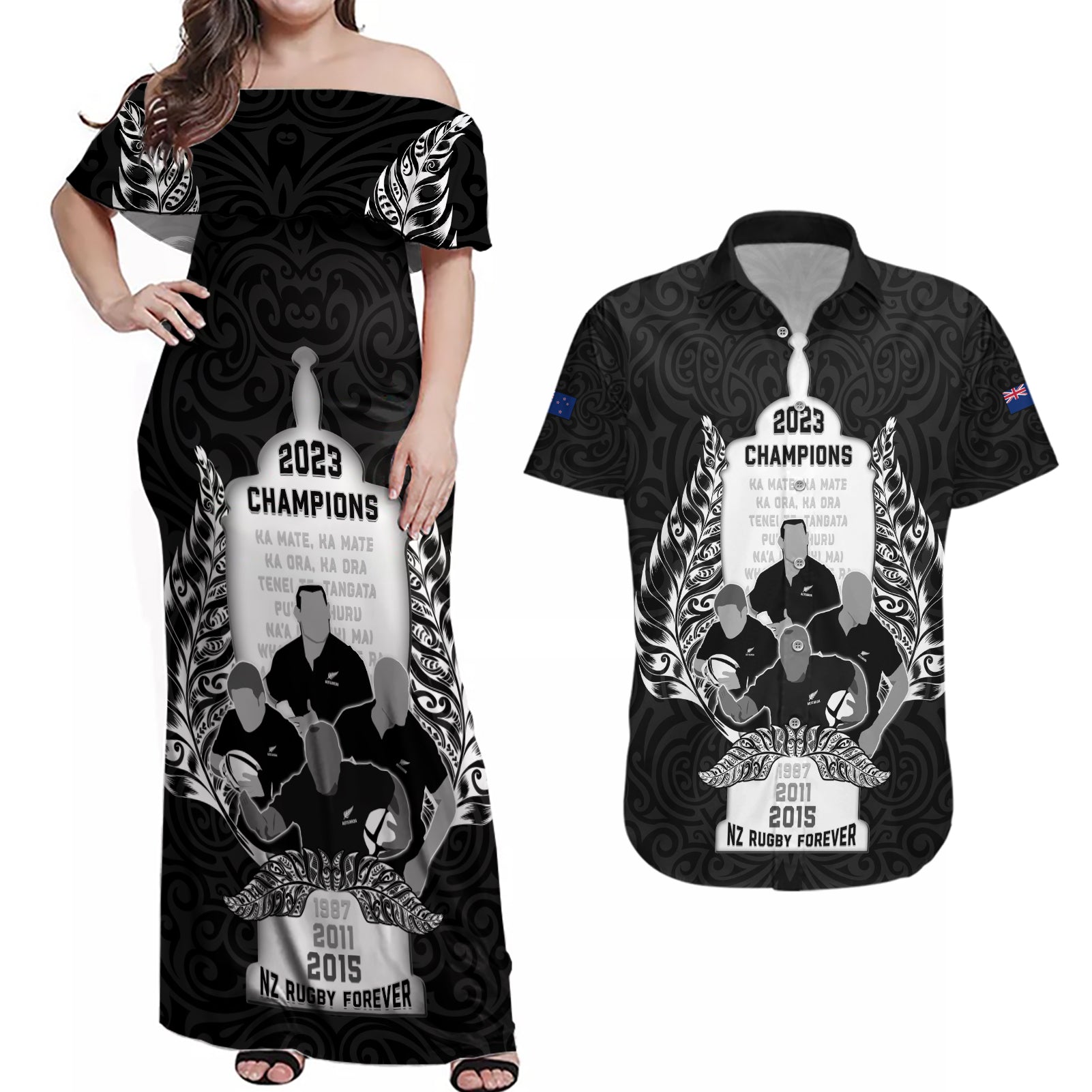 New Zealand Rugby Couples Matching Off Shoulder Maxi Dress and Hawaiian Shirt The Haka With Champions Cup LT05 Black - Polynesian Pride