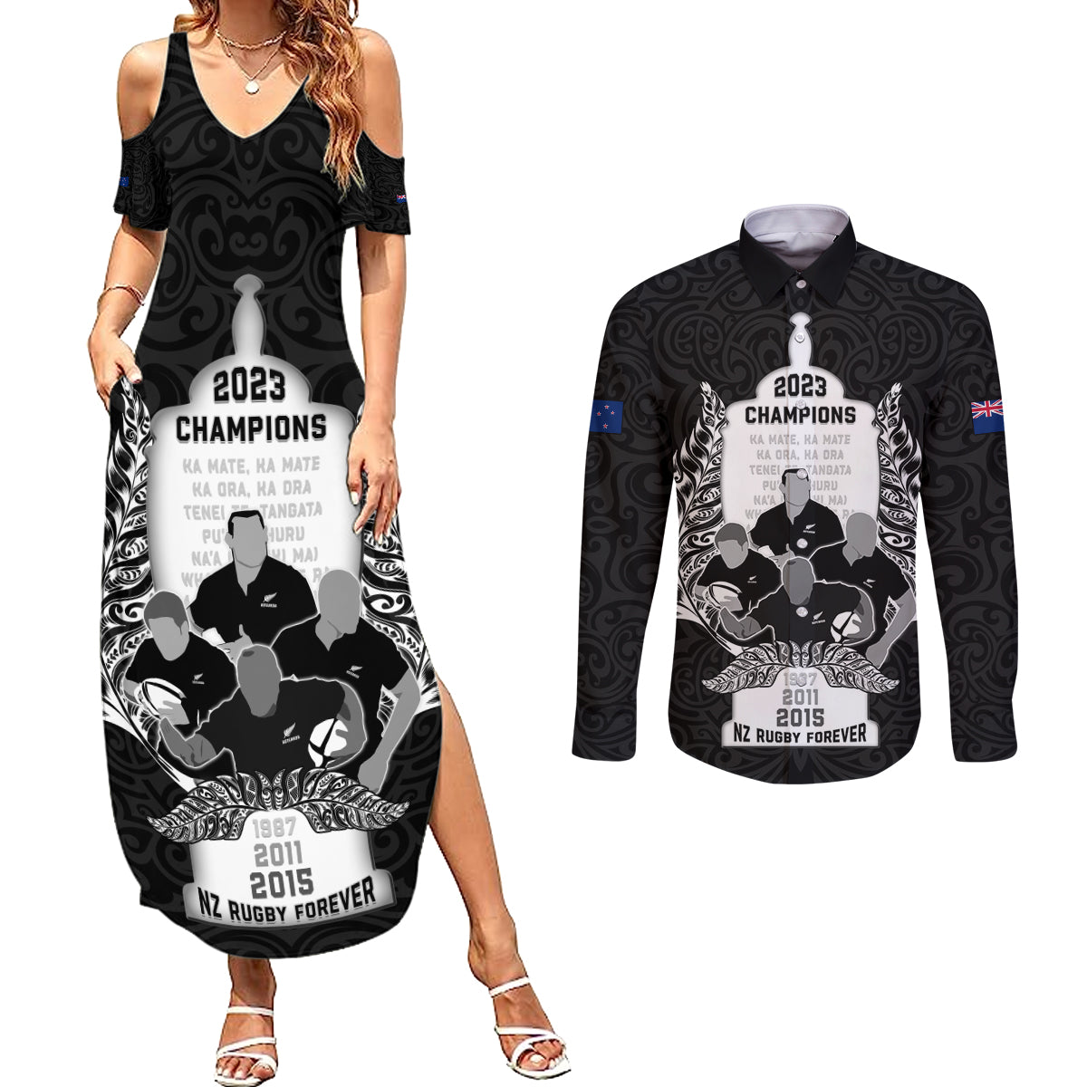 New Zealand Rugby Couples Matching Summer Maxi Dress and Long Sleeve Button Shirt The Haka With Champions Cup LT05 Black - Polynesian Pride