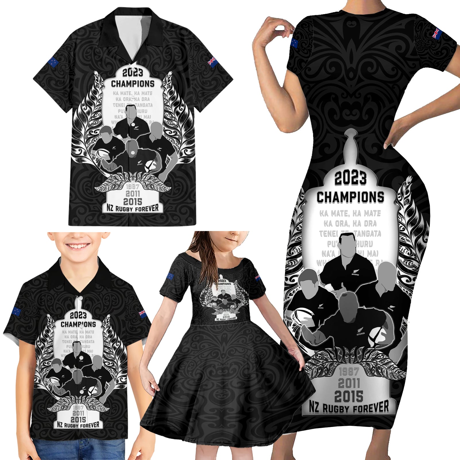 New Zealand Rugby Family Matching Short Sleeve Bodycon Dress and Hawaiian Shirt The Haka With Champions Cup LT05 - Polynesian Pride