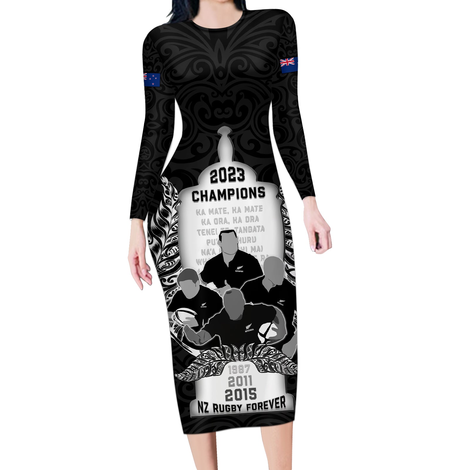 New Zealand Rugby Long Sleeve Bodycon Dress The Haka With Champions Cup LT05 Long Dress Black - Polynesian Pride