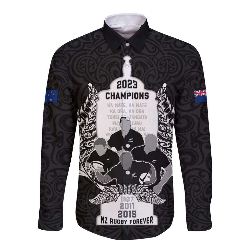 New Zealand Rugby Long Sleeve Button Shirt The Haka With Champions Cup LT05 Unisex Black - Polynesian Pride