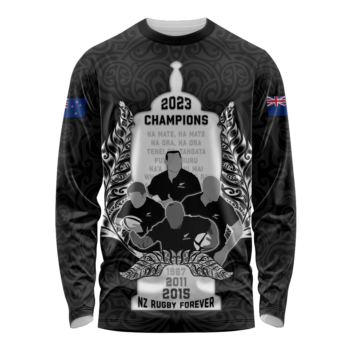 New Zealand Rugby Long Sleeve Shirt The Haka With Champions Cup LT05 Unisex Black - Polynesian Pride