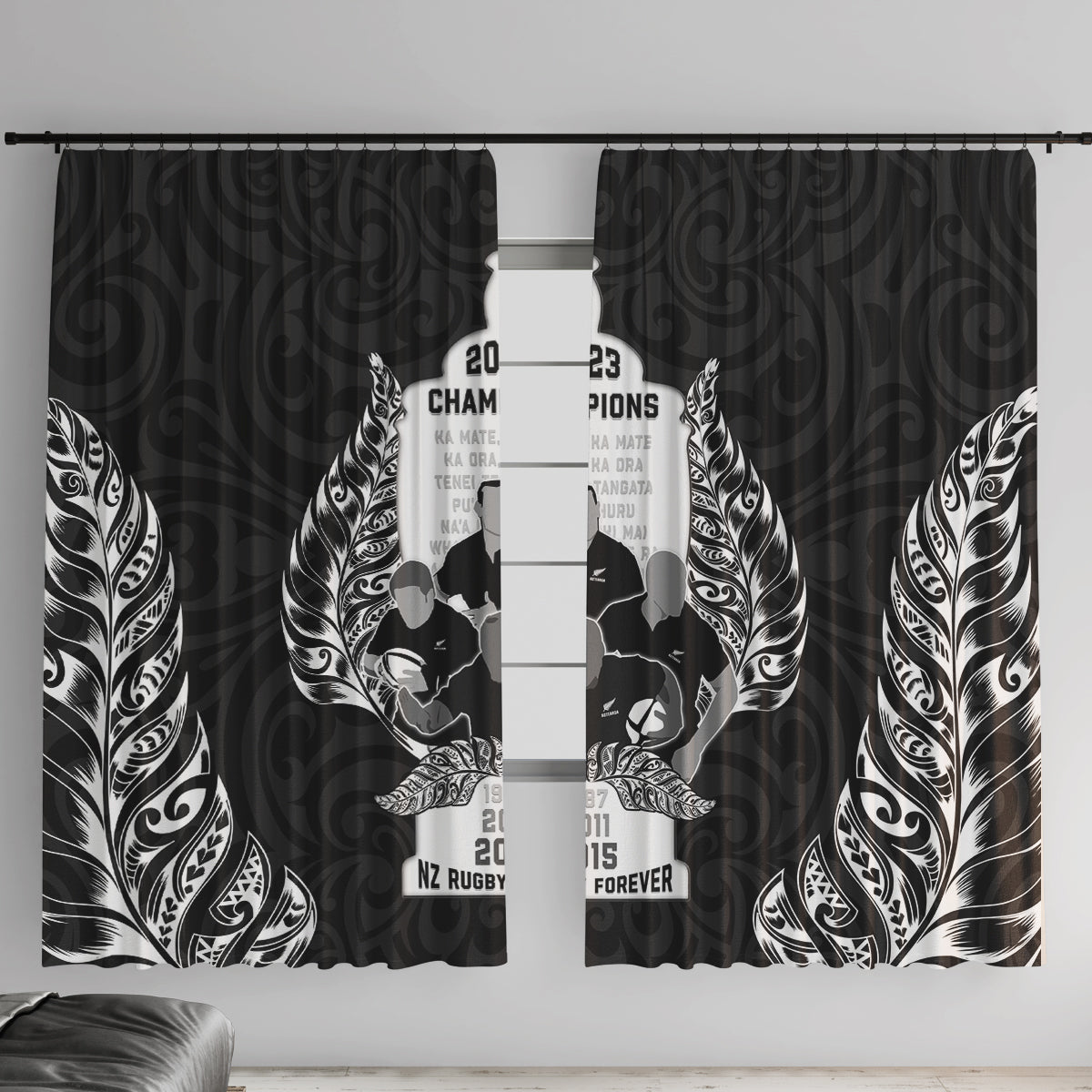 New Zealand Rugby Window Curtain The Haka With Champions Cup LT05 With Hooks Black - Polynesian Pride