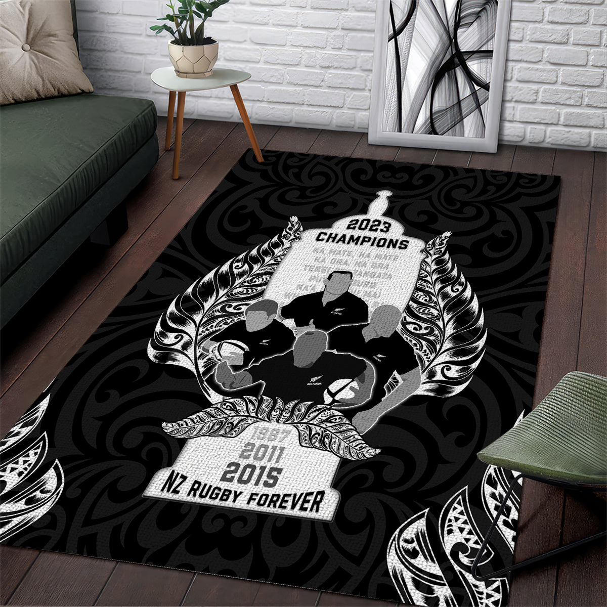 New Zealand Rugby Area Rug The Haka With Champions Cup LT05 Black - Polynesian Pride