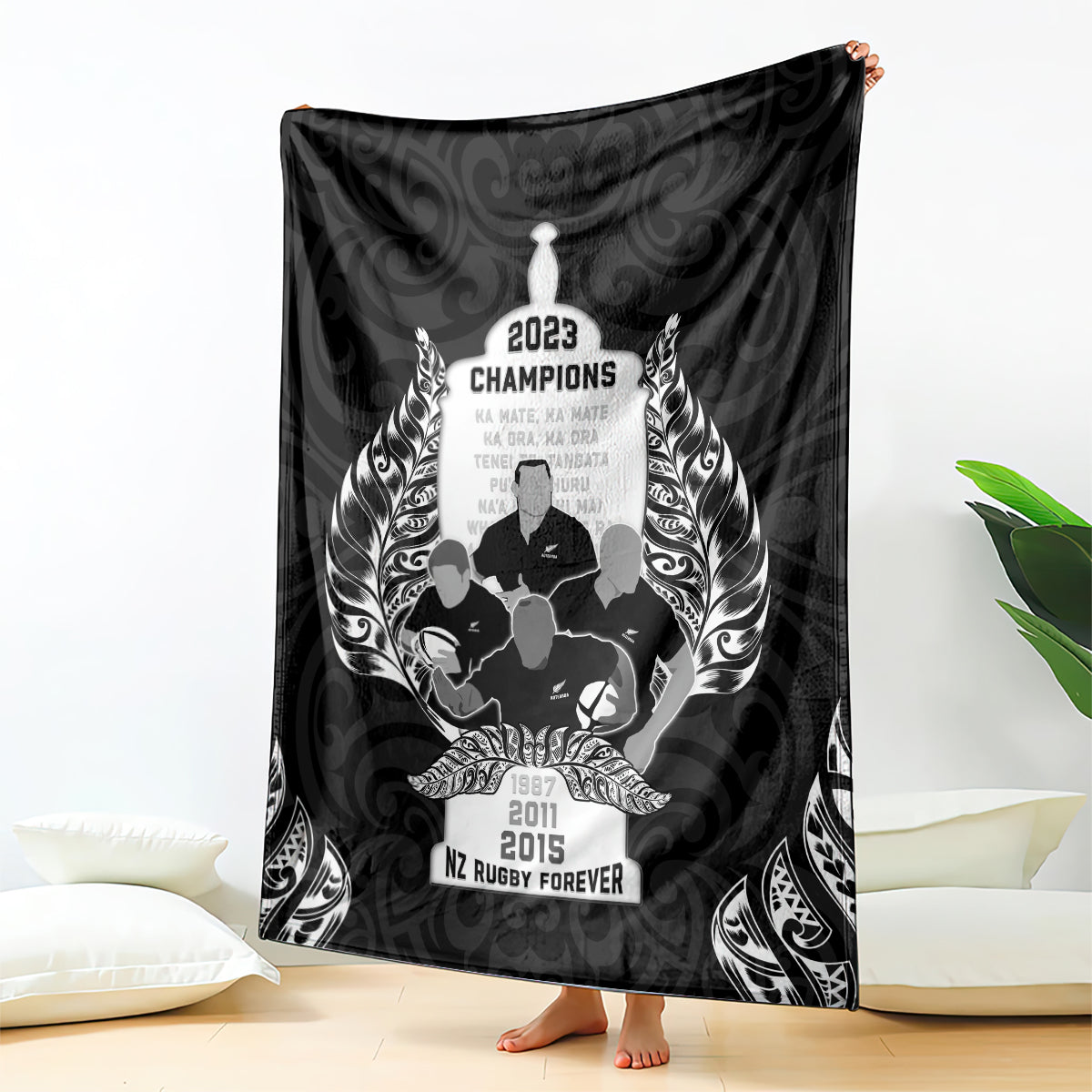 New Zealand Rugby Blanket The Haka With Champions Cup LT05 Black - Polynesian Pride