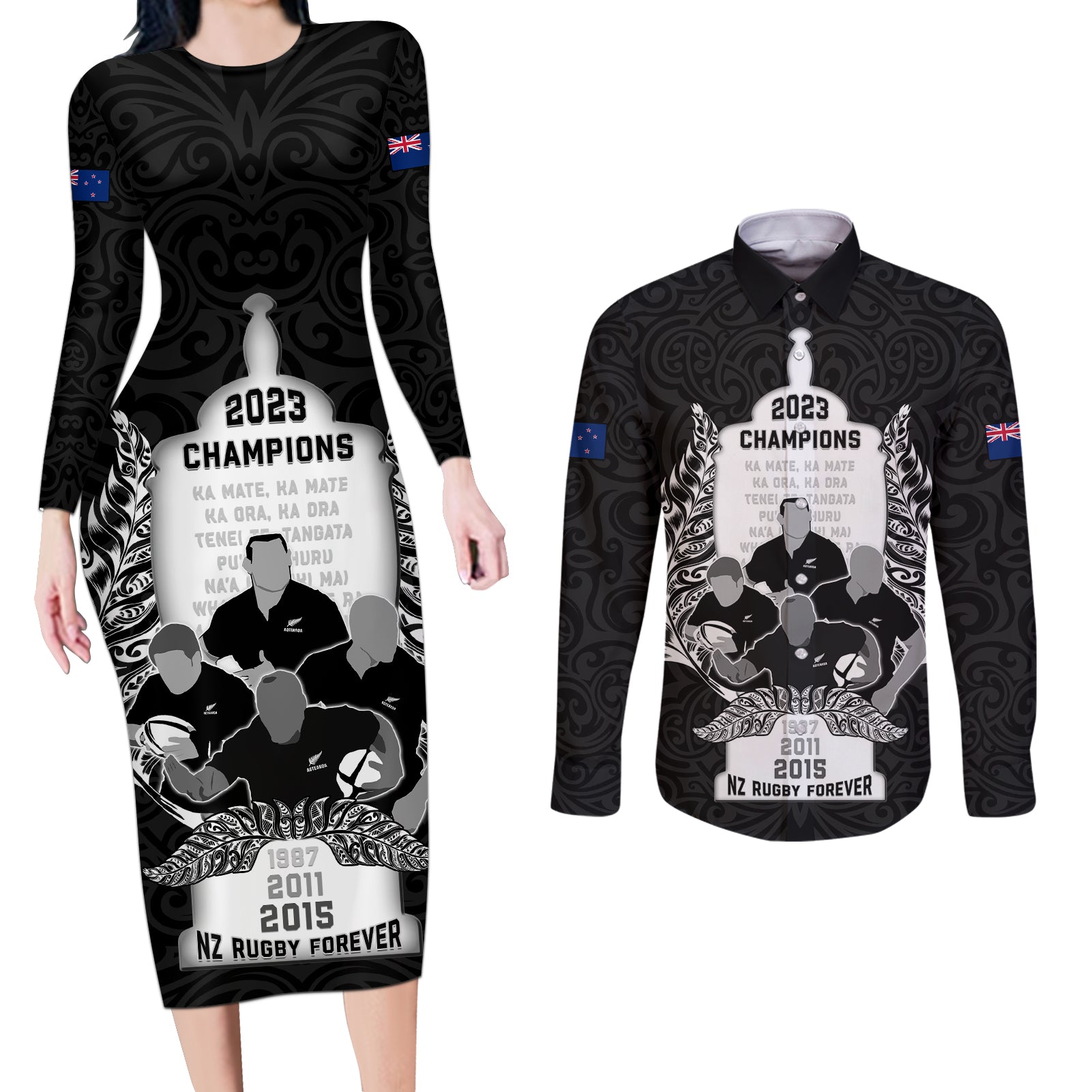 Custom New Zealand Rugby Couples Matching Long Sleeve Bodycon Dress and Long Sleeve Button Shirt The Haka With Champions Cup LT05 Black - Polynesian Pride