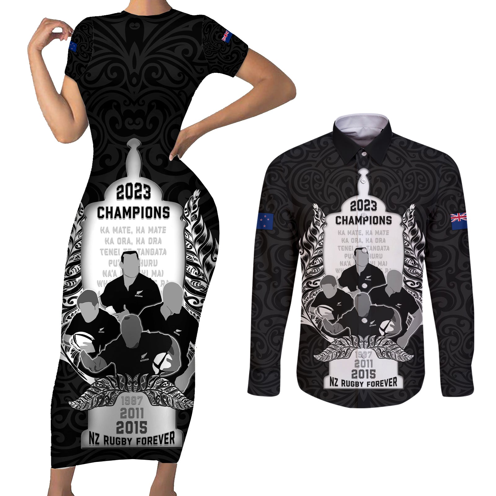 Custom New Zealand Rugby Couples Matching Short Sleeve Bodycon Dress and Long Sleeve Button Shirt The Haka With Champions Cup LT05 Black - Polynesian Pride