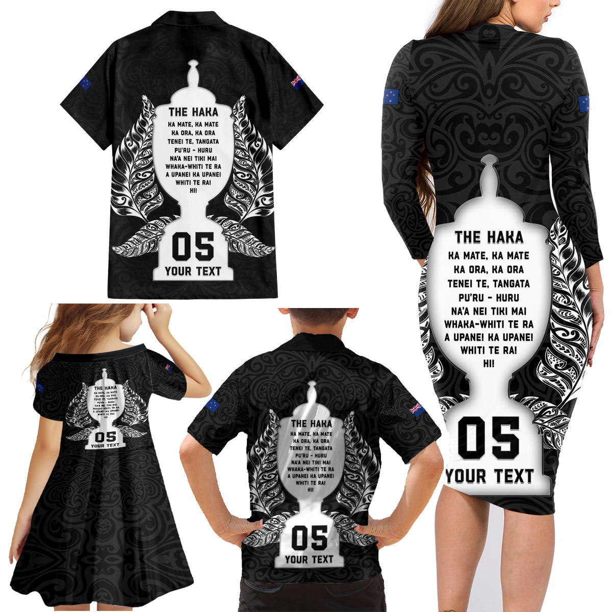 Custom New Zealand Rugby Family Matching Long Sleeve Bodycon Dress and Hawaiian Shirt The Haka With Champions Cup LT05 - Polynesian Pride