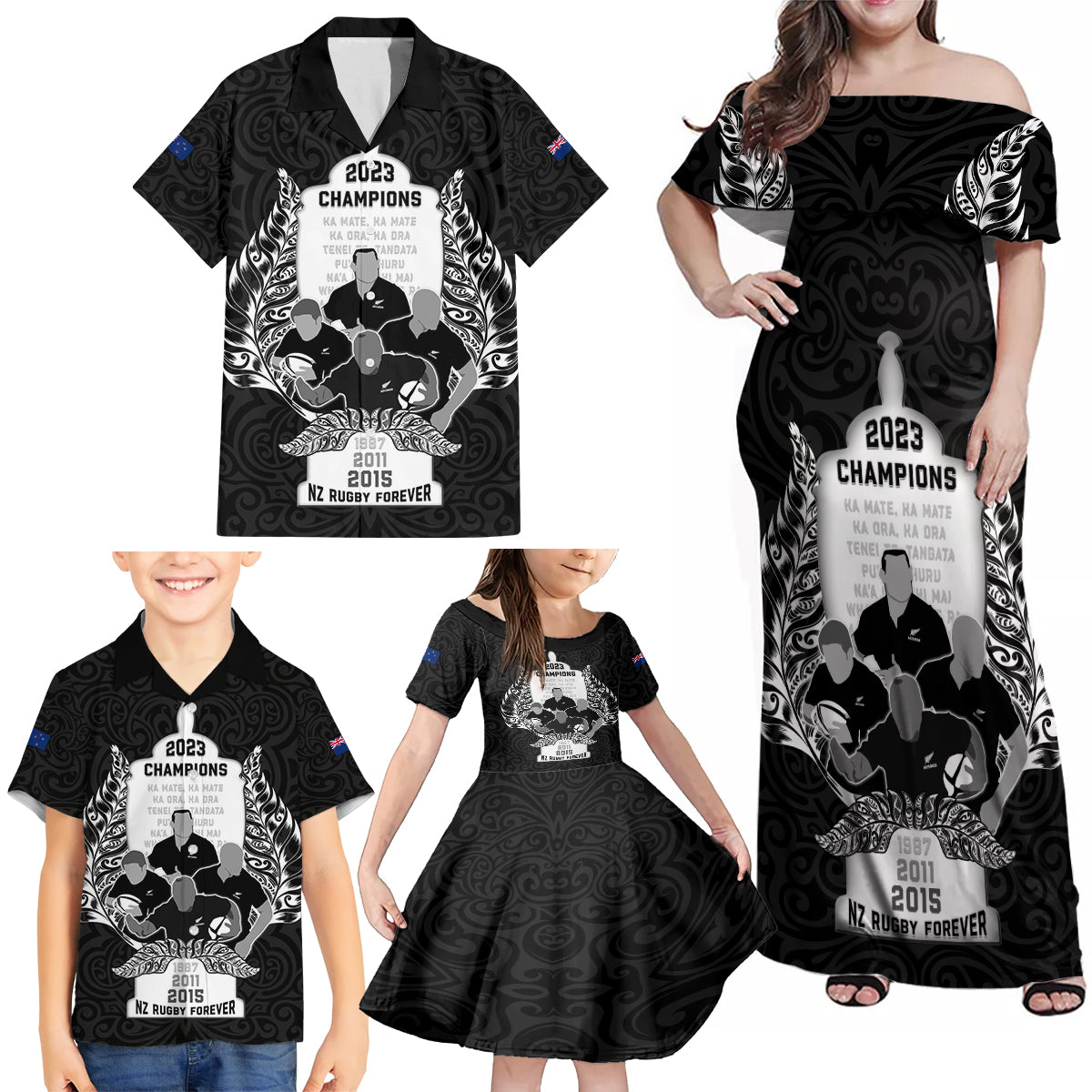 Custom New Zealand Rugby Family Matching Off Shoulder Maxi Dress and Hawaiian Shirt The Haka With Champions Cup LT05 - Polynesian Pride