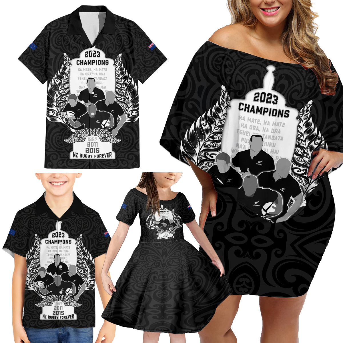 Custom New Zealand Rugby Family Matching Off Shoulder Short Dress and Hawaiian Shirt The Haka With Champions Cup LT05 - Polynesian Pride