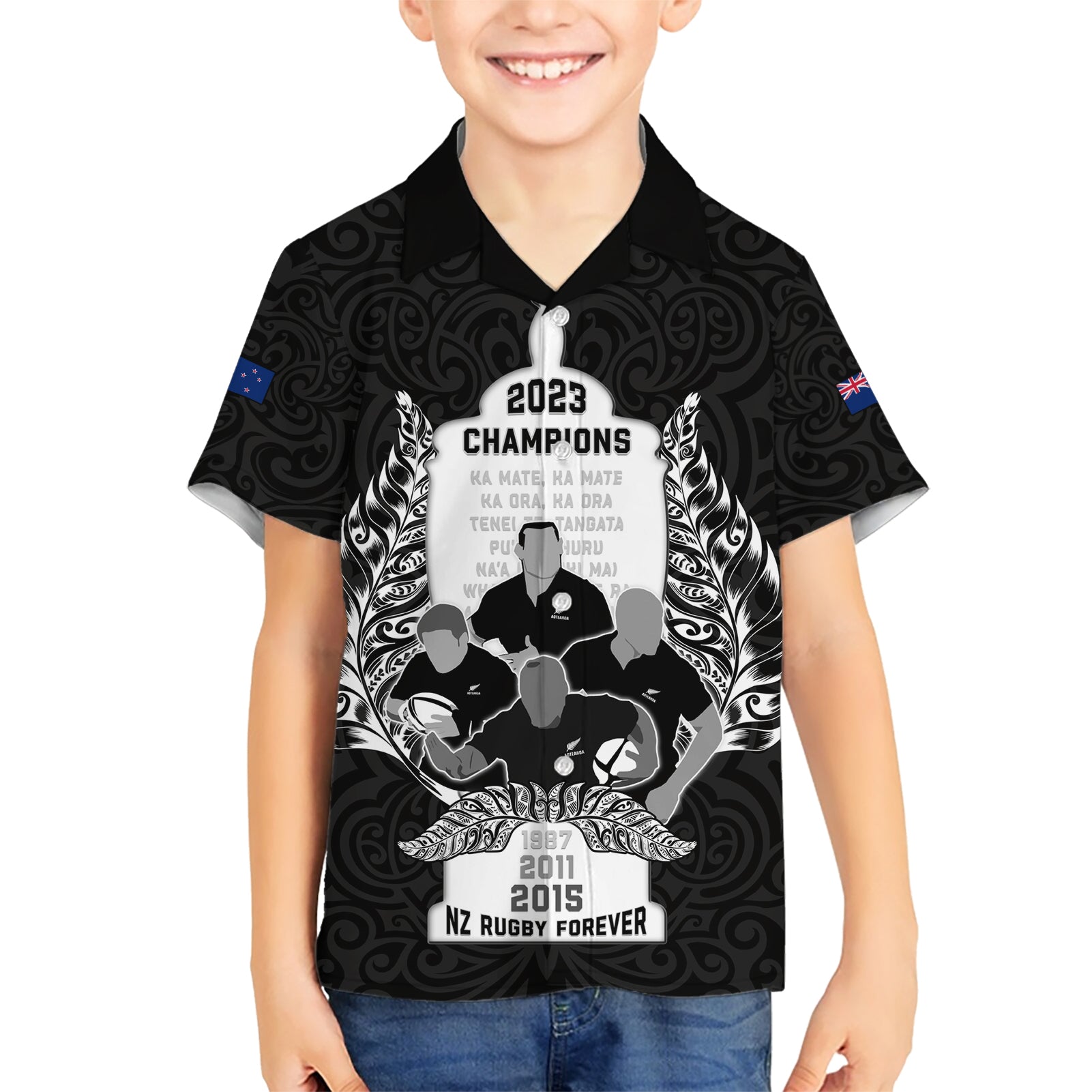 Custom New Zealand Rugby Kid Hawaiian Shirt The Haka With Champions Cup LT05 Kid Black - Polynesian Pride