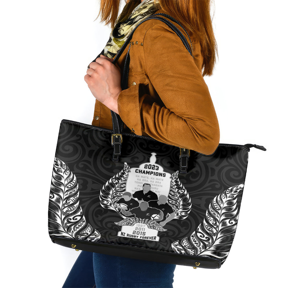 New Zealand Rugby Leather Tote Bag The Haka With Champions Cup LT05 Black - Polynesian Pride