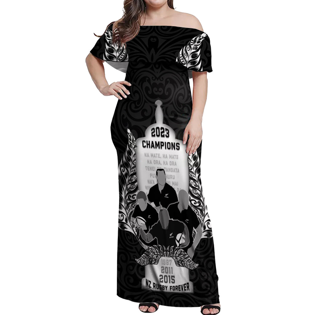 Custom New Zealand Rugby Off Shoulder Maxi Dress The Haka With Champions Cup LT05 Women Black - Polynesian Pride