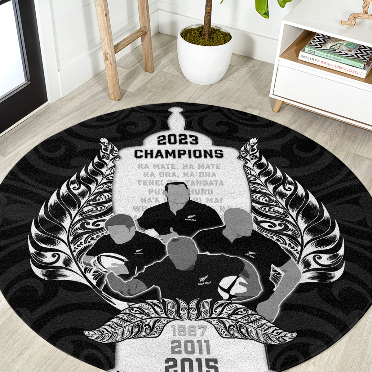 New Zealand Rugby Round Carpet The Haka With Champions Cup LT05 Black - Polynesian Pride