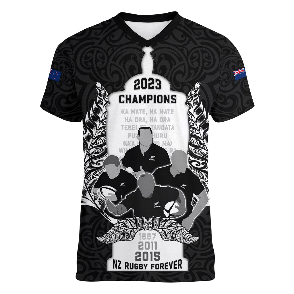 Custom New Zealand Rugby Women V Neck T Shirt The Haka With Champions Cup LT05 Female Black - Polynesian Pride