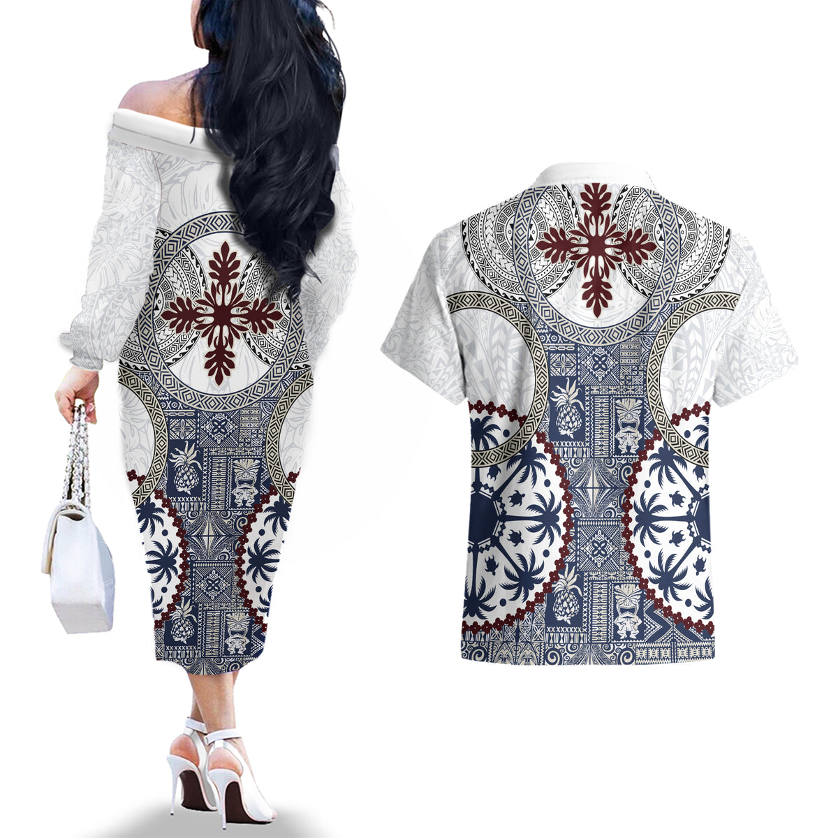 Hawaii Couples Matching Off The Shoulder Long Sleeve Dress and Hawaiian Shirt Barkcloth Pattern Vintage Style LT05 - Polynesian Pride