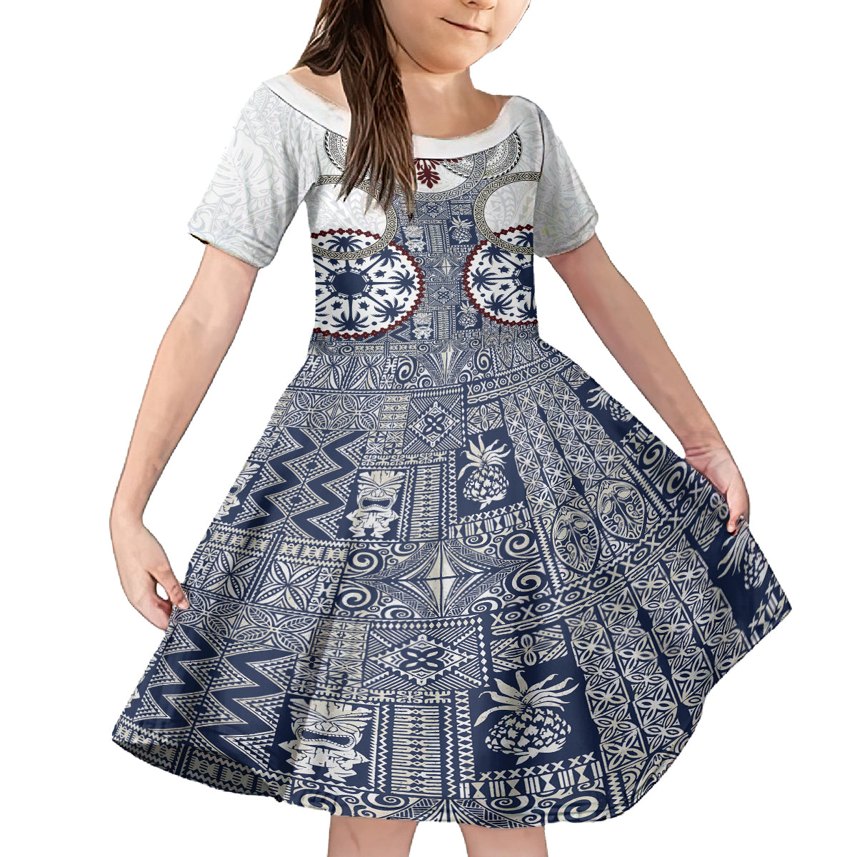 Hawaii Family Matching Off Shoulder Short Dress and Hawaiian Shirt Barkcloth Pattern Vintage Style LT05 Daughter's Dress Blue - Polynesian Pride
