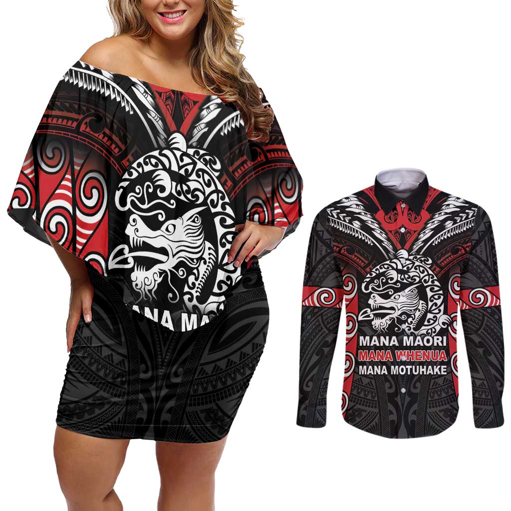 Aotearoa Mana Maori Couples Matching Off Shoulder Short Dress and Long Sleeve Button Shirt Toitu Te Tiriti LT05 Black - Polynesian Pride