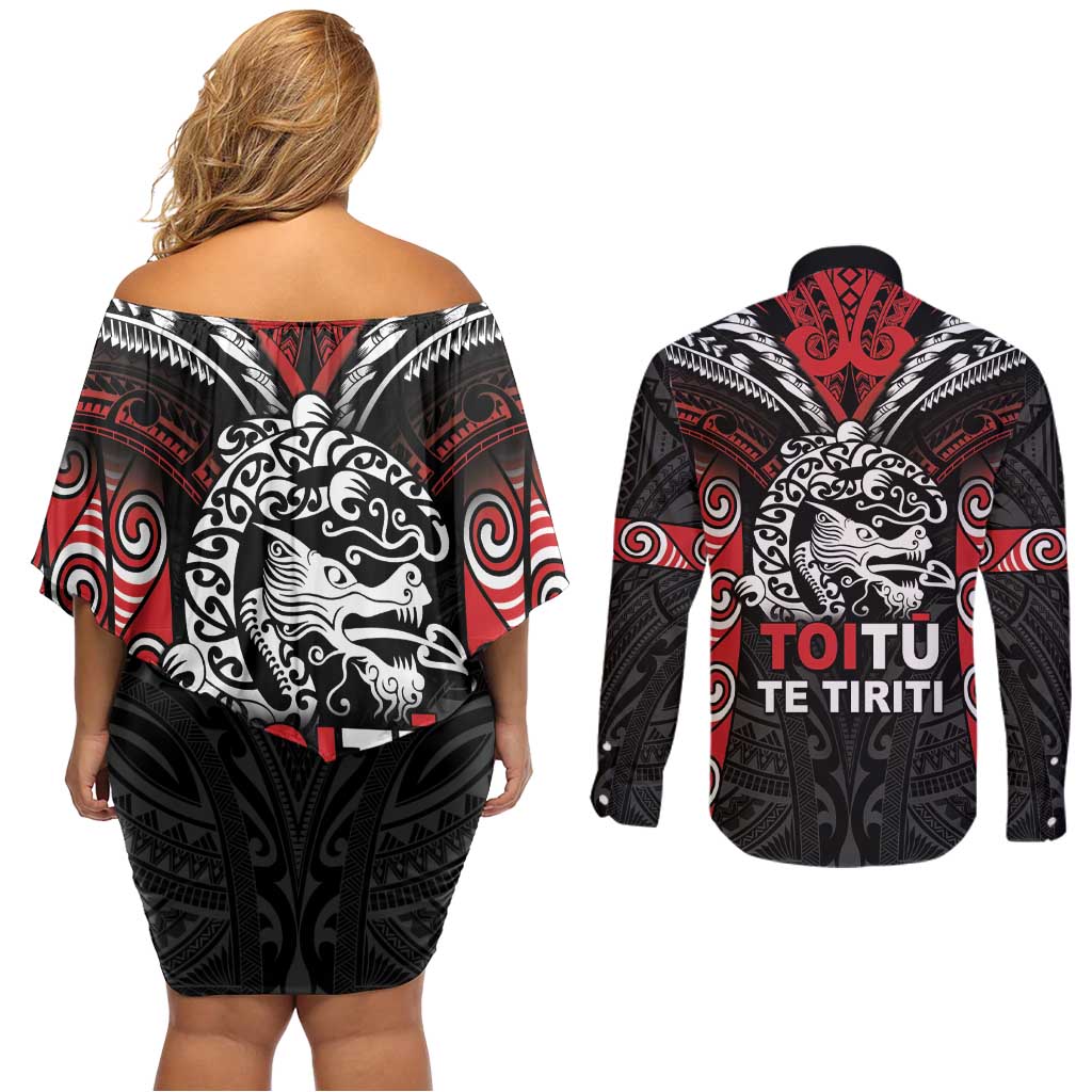 Aotearoa Mana Maori Couples Matching Off Shoulder Short Dress and Long Sleeve Button Shirt Toitu Te Tiriti LT05 - Polynesian Pride