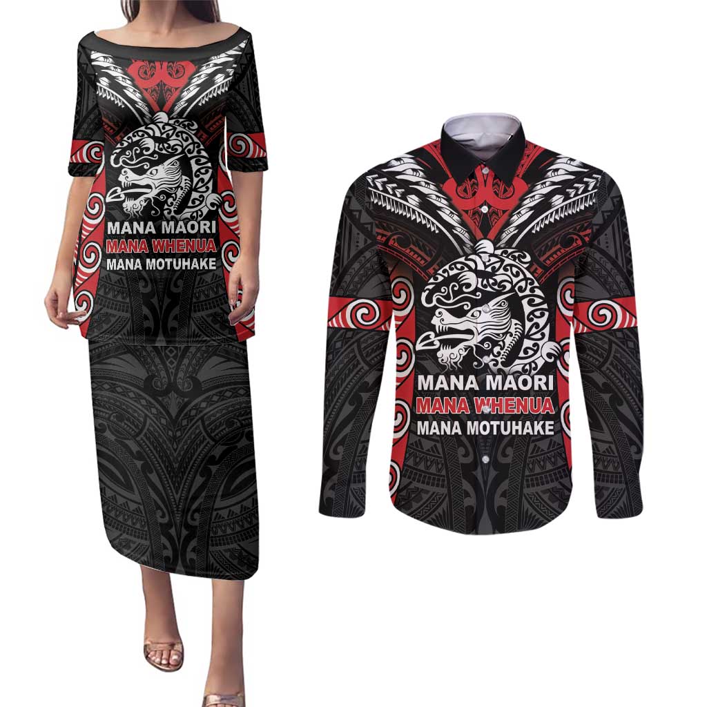 Aotearoa Mana Maori Couples Matching Puletasi and Long Sleeve Button Shirt Toitu Te Tiriti LT05 Black - Polynesian Pride