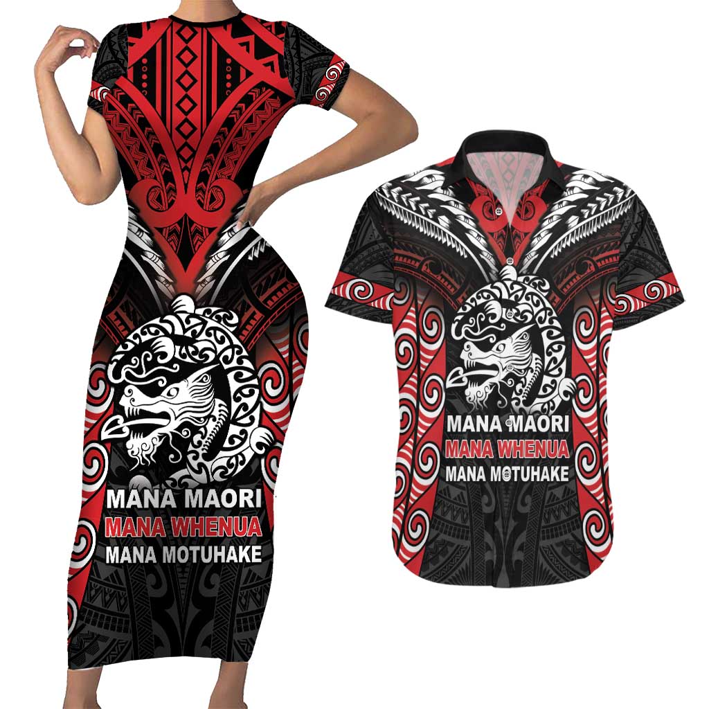 Aotearoa Mana Maori Couples Matching Short Sleeve Bodycon Dress and Hawaiian Shirt Toitu Te Tiriti