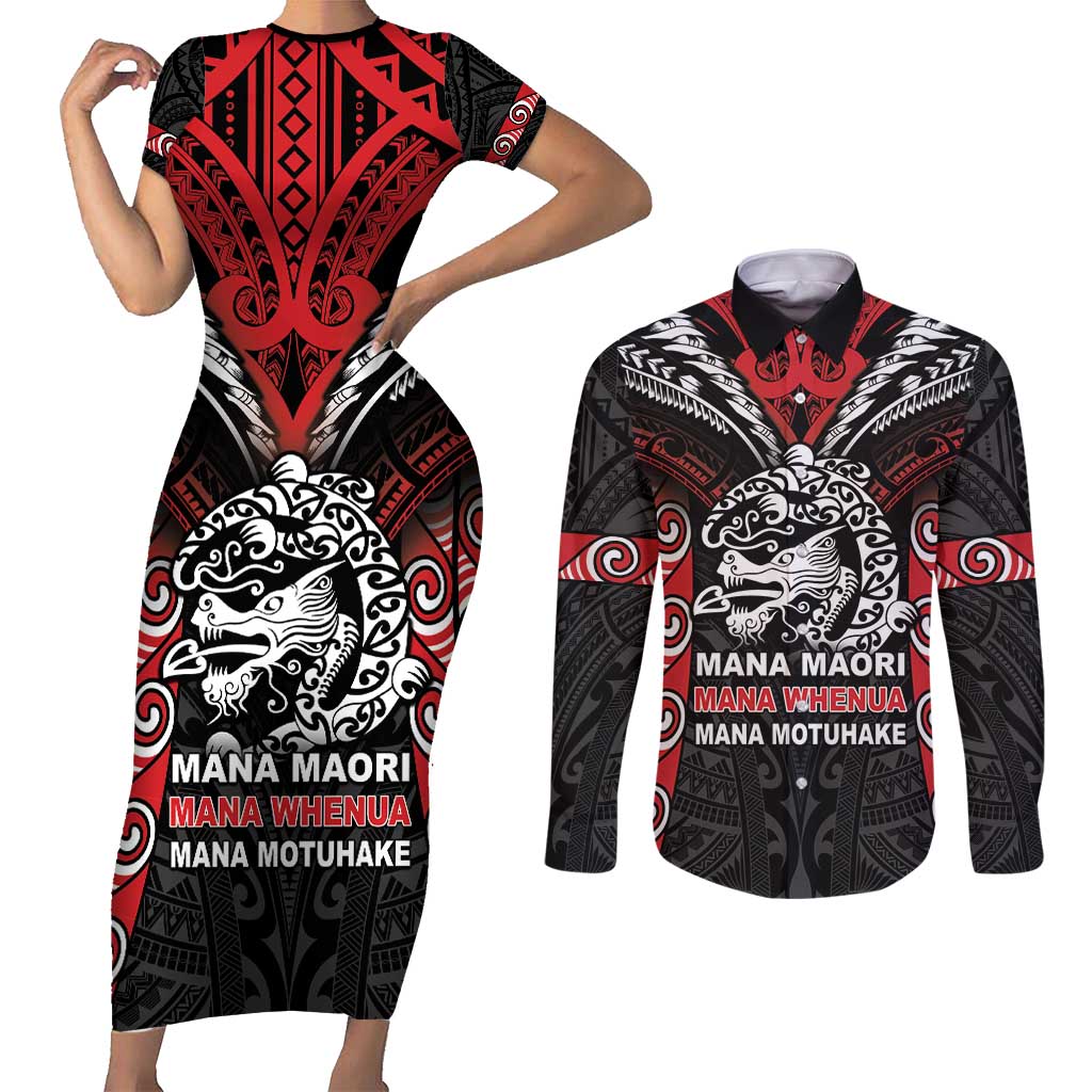 Aotearoa Mana Maori Couples Matching Short Sleeve Bodycon Dress and Long Sleeve Button Shirt Toitu Te Tiriti LT05 Black - Polynesian Pride