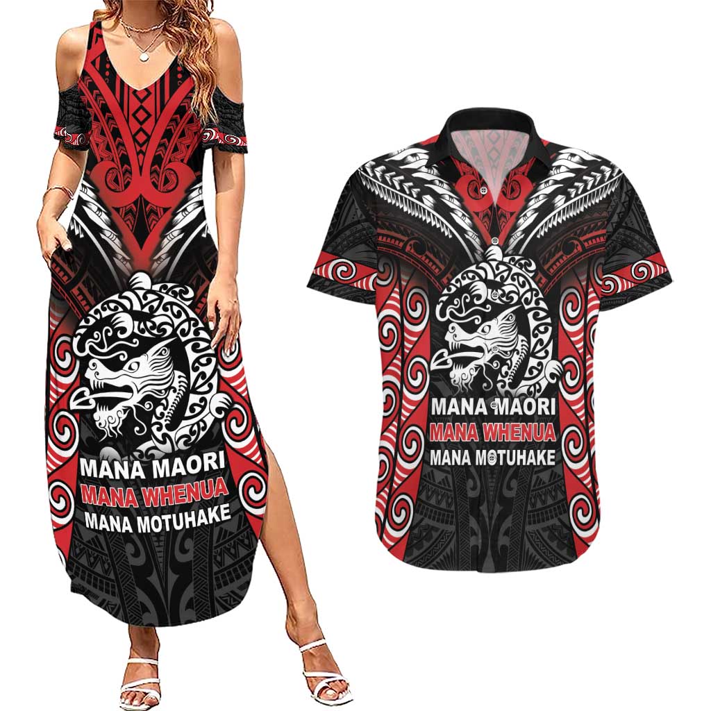 Aotearoa Mana Maori Couples Matching Summer Maxi Dress and Hawaiian Shirt Toitu Te Tiriti LT05 Black - Polynesian Pride