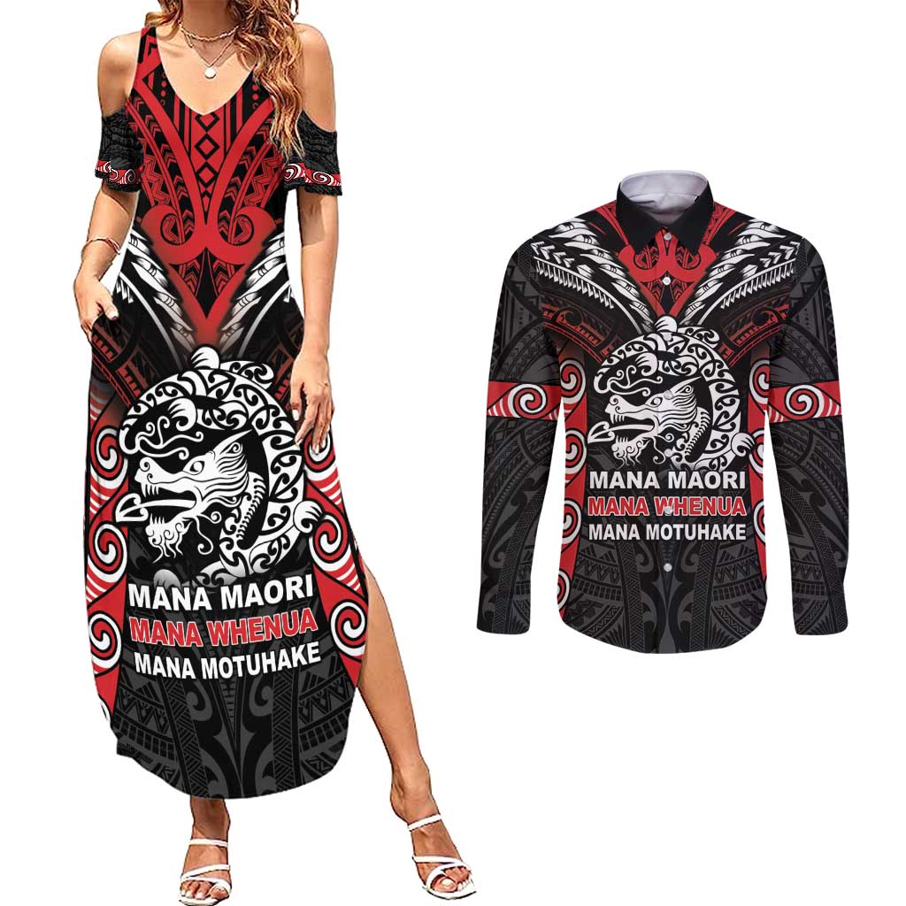 Aotearoa Mana Maori Couples Matching Summer Maxi Dress and Long Sleeve Button Shirt Toitu Te Tiriti LT05 Black - Polynesian Pride